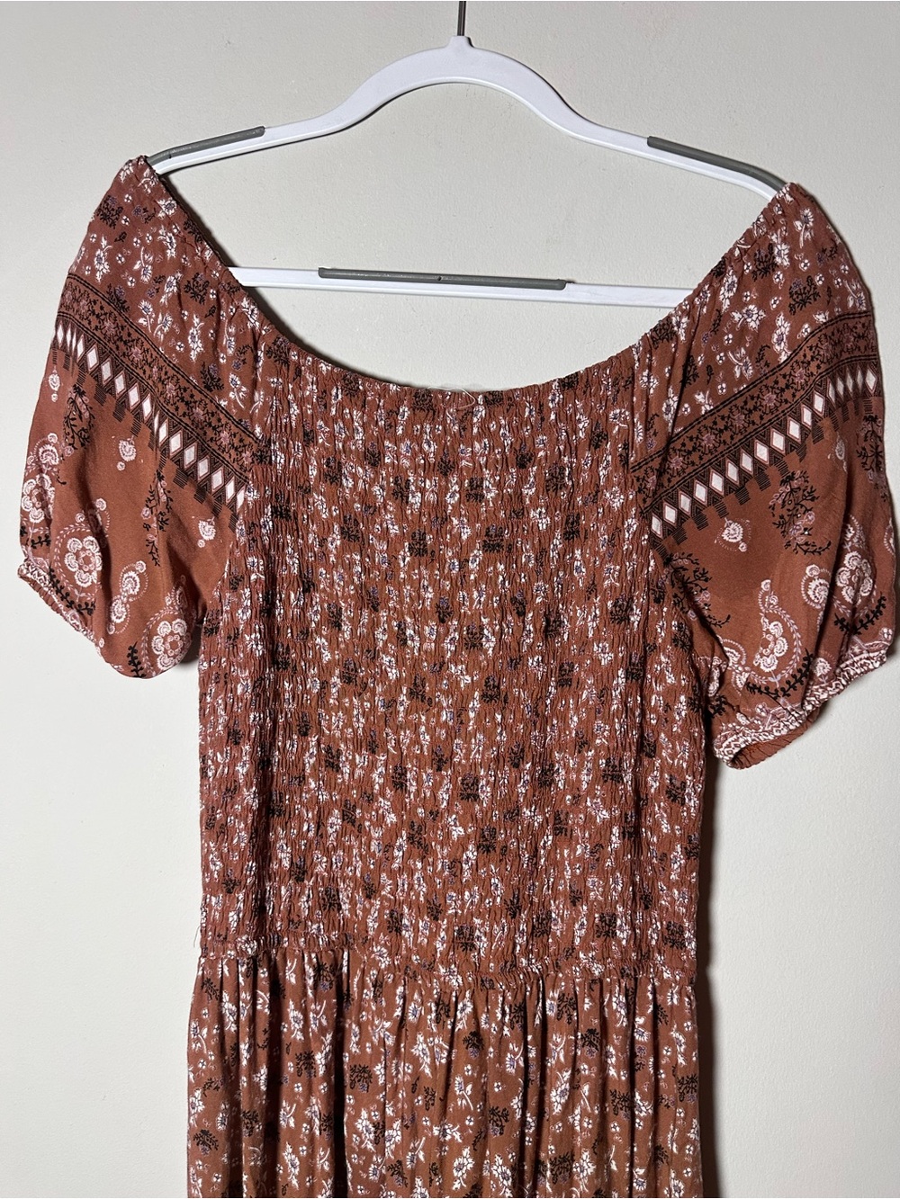 Boho Floral Smocked Maxi Dress XL Off Shoulder Puff Sleeve Peasant Cottagecore - Picture 3 of 8